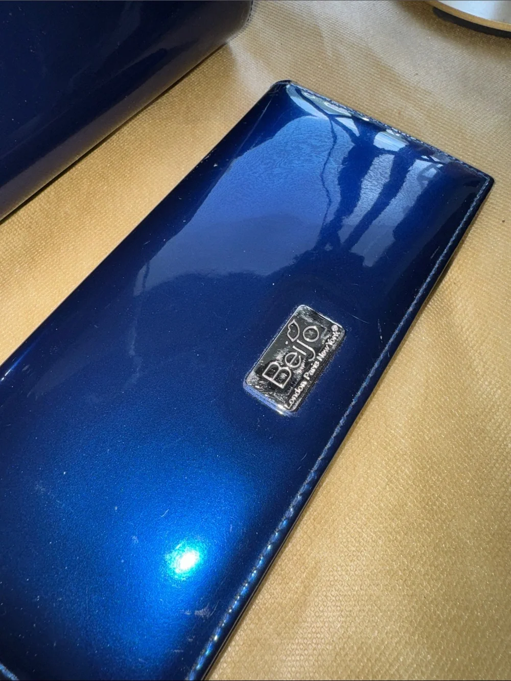Beijo Navy Patent Satchel with Silver-Tone Lock Matching Wallet